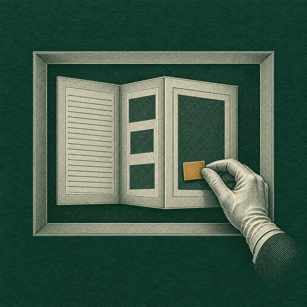 Square copperplate engraving of one wide window holding three folded panels, with a gloved hand moving one small amber rectangle