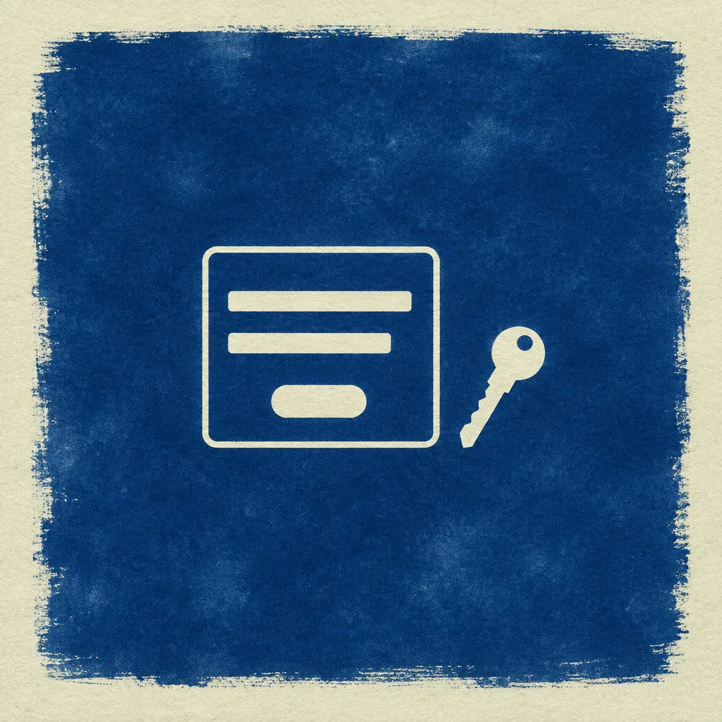 Cyanotype in white on Prussian blue: one interface card with two text bars and a button, and a small key resting beside it
