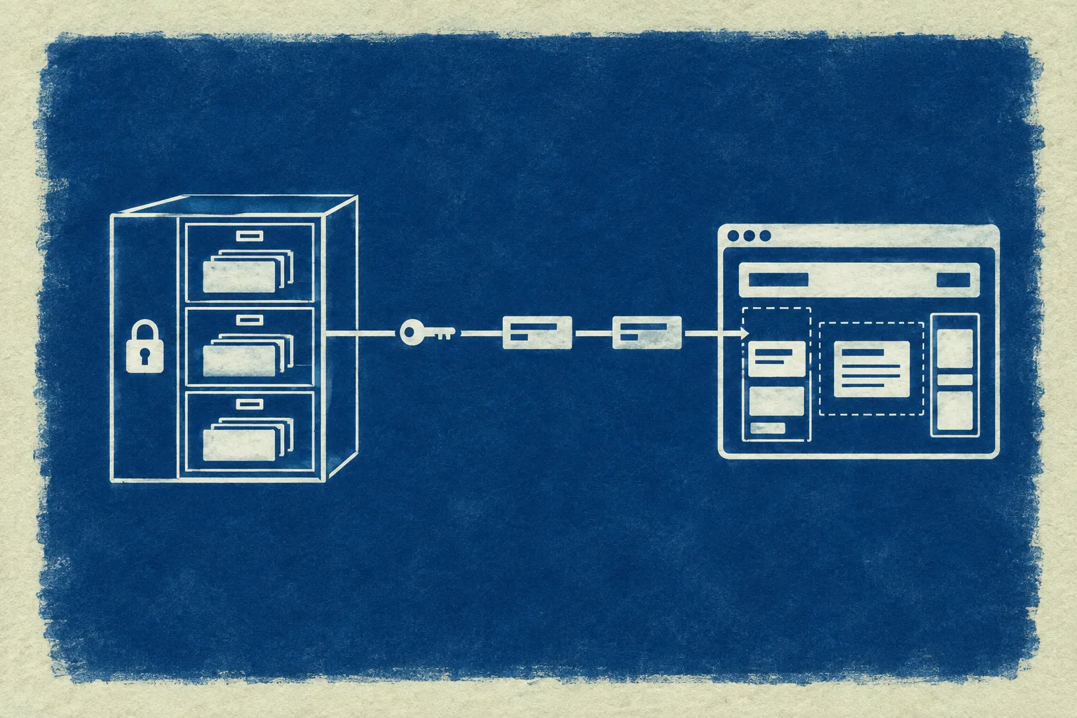 Cyanotype diagram in white on Prussian blue: a locked cabinet of component blocks feeds a single channel carrying a key into a browser window being assembled from the same blocks