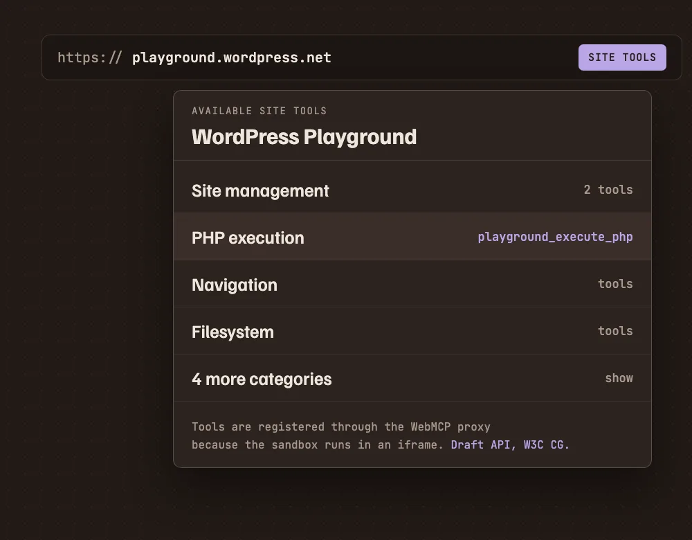 A captured address bar with a Site tools button and a popover listing Available site tools for WordPress Playground: site management, PHP execution, navigation, filesystem, and four more categories.
