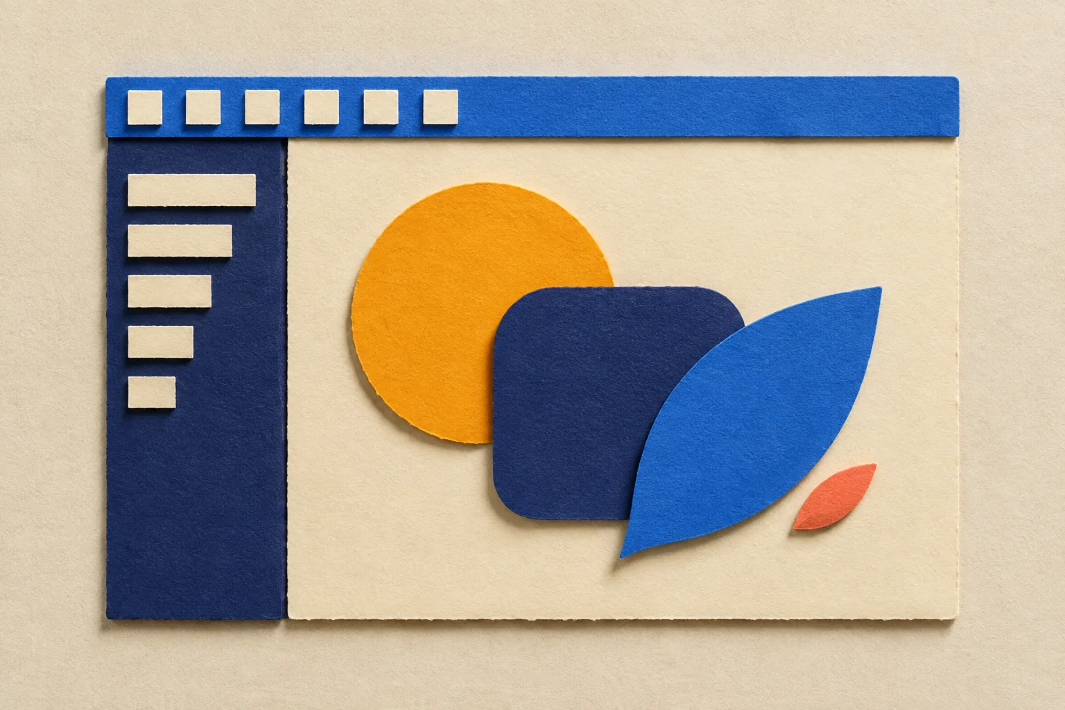Cut-paper collage of a design tool window: a cream artboard holding a marigold circle, an indigo rounded rectangle, and a cobalt leaf, a layers panel of stacked paper strips on the left, and a cobalt toolbar of blank squares along the top.
