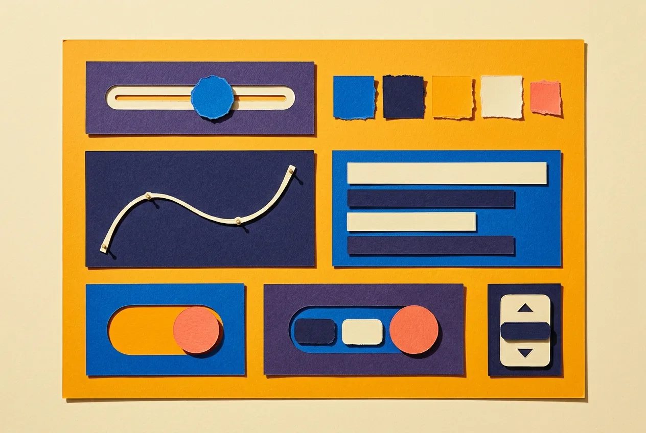 Cut-paper collage of interface controls in a grid: a slider with a cobalt knob, a row of torn paper colour chips, a curve editor with a string curve, a font picker of blank bars, a toggle with a coral disc, and a stepper of stacked buttons.
