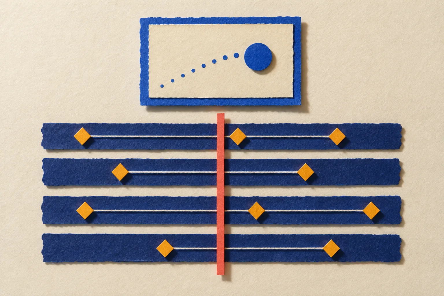 Cut-paper collage of an animation timeline: four indigo tracks carrying marigold diamond keyframes joined by string, a coral playhead crossing them, and a small cream preview frame above with a cobalt circle and a dotted trail.