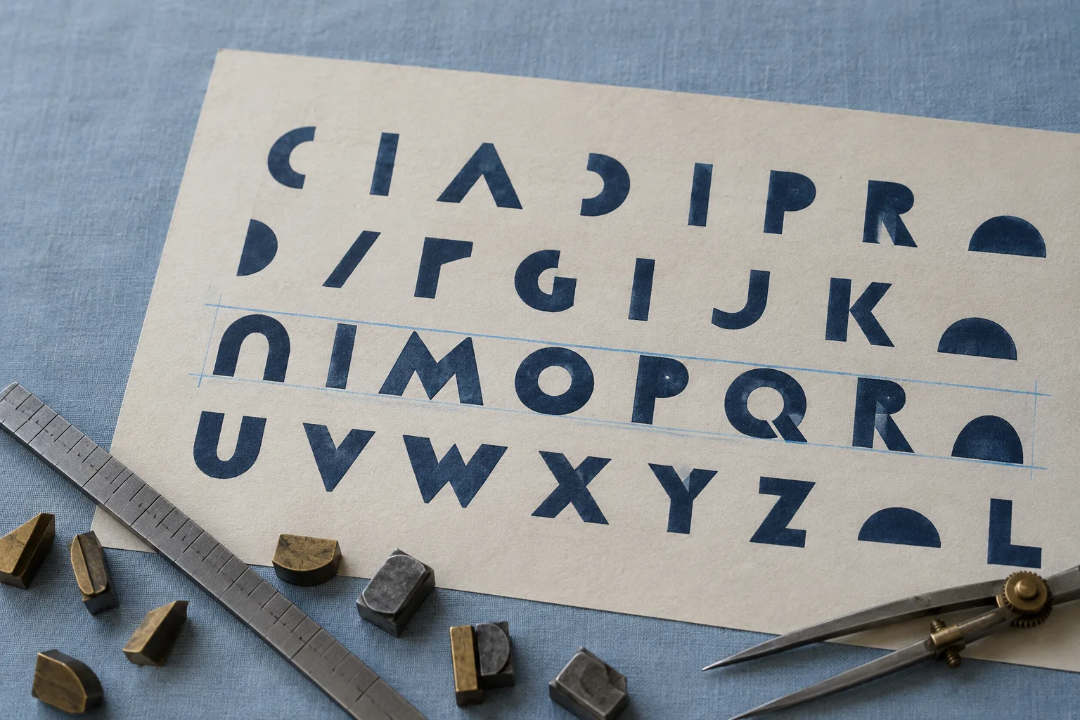 Overhead photograph of a cream proof sheet on powder-blue linen, printed with rows of navy geometric capitals; one row has pale blue pencil rules drawn at cap height and baseline, with brass and lead type sorts, a steel line gauge, and dividers along the lower edge.