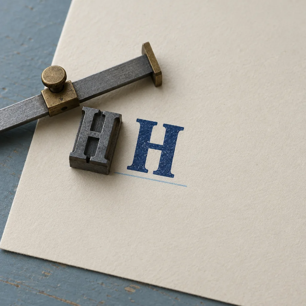 Macro photograph of a single lead type sort of a capital H face up on cream paper beside its navy printed impression, a steel type-high gauge resting across it and a pale blue pencil baseline drawn under the printed letter.