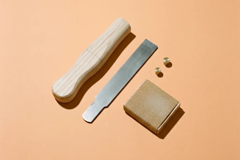 The unassembled parts of a tool on a peach backdrop: a pale ash handle blank with pencil lines, a steel blank, two brass rivets, and a sanding block.