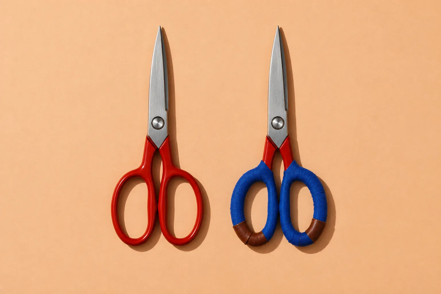 Two identical pairs of red-handled scissors side by side; the right pair has its handles rewrapped in cobalt tape and brown leather.
