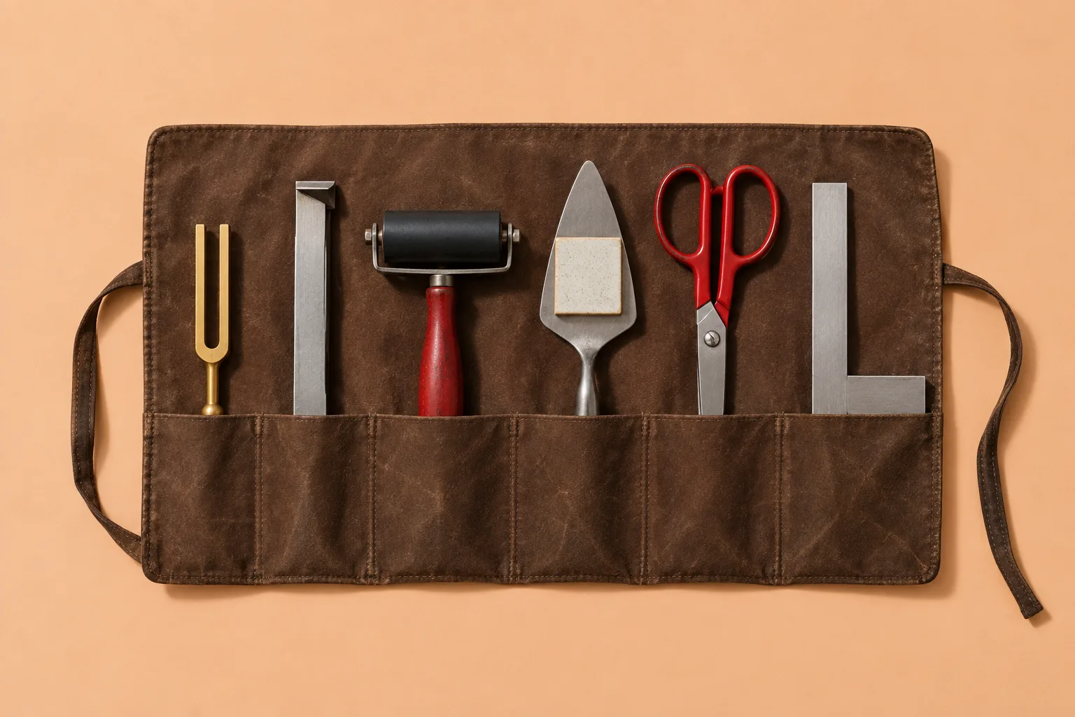 Overhead photograph of a brown waxed-canvas tool roll on a peach backdrop holding six tools: a brass tuning fork, a composing stick, a red-handled ink brayer, a tile sample on a trowel, red scissors, and a steel square.