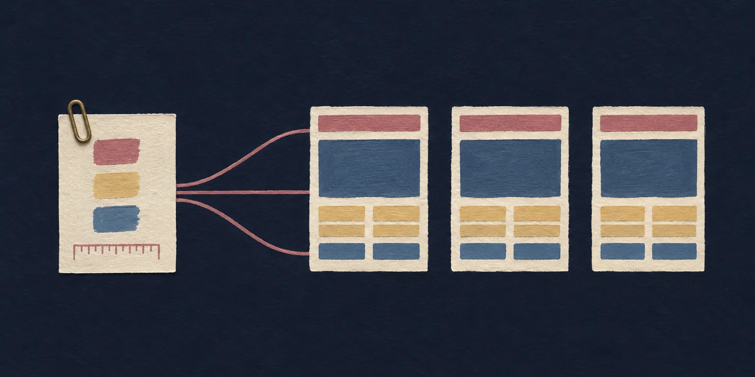 Gouache diagram on dark slate paper: a cream index card with three colour swatches and a ruler, clipped with brass, sends three rose threads to three blank page wireframes that reuse the same colours in the same places.