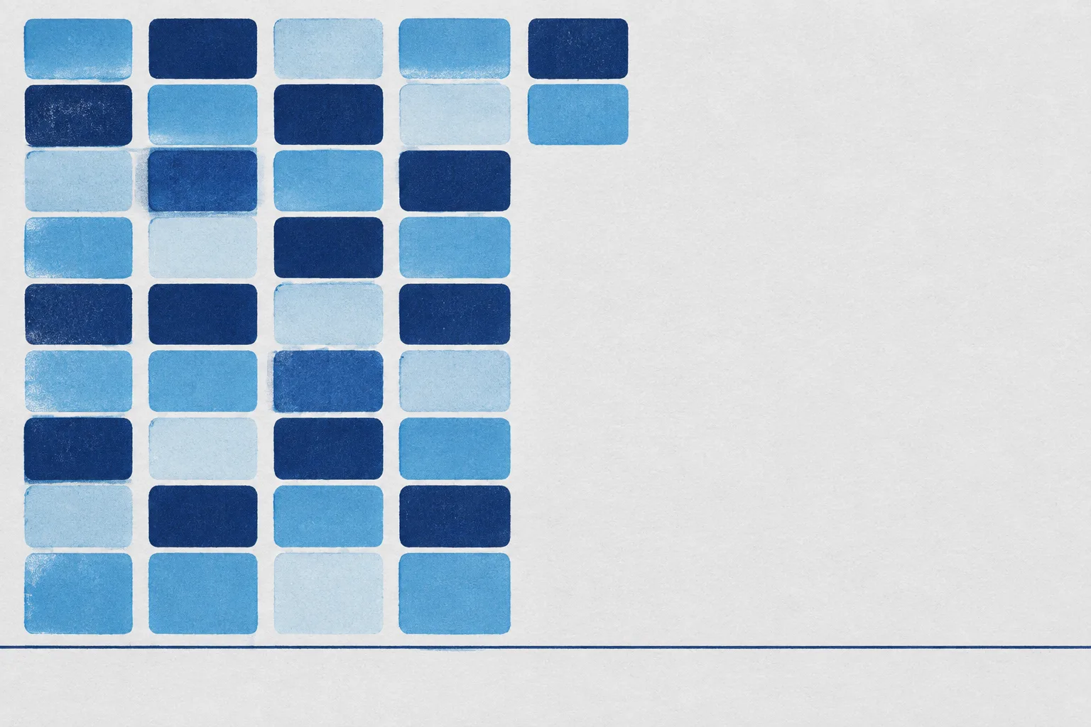 Two-ink screenprint on grey paper: navy and sky blue cards stacked in four full columns from top to bottom, a fifth column holding only two cards, open paper to the right, and a thin navy rule across the bottom where every column stops.