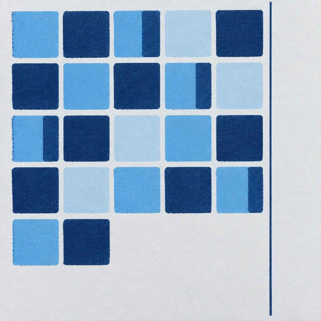 Companion screenprint in the same inks: square cards filling rows from left to right, four full rows of five and a fifth row of two, stopped by a thin navy vertical rule at the right.