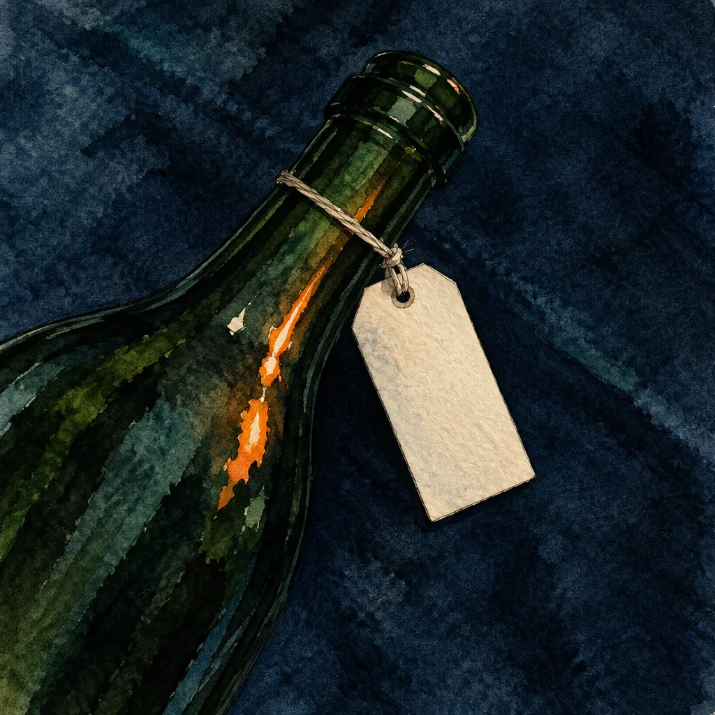 Ink and watercolour detail: the neck of a green bottle lying on a steep diagonal on dark blue cloth, a blank cream tag tied to it with string.