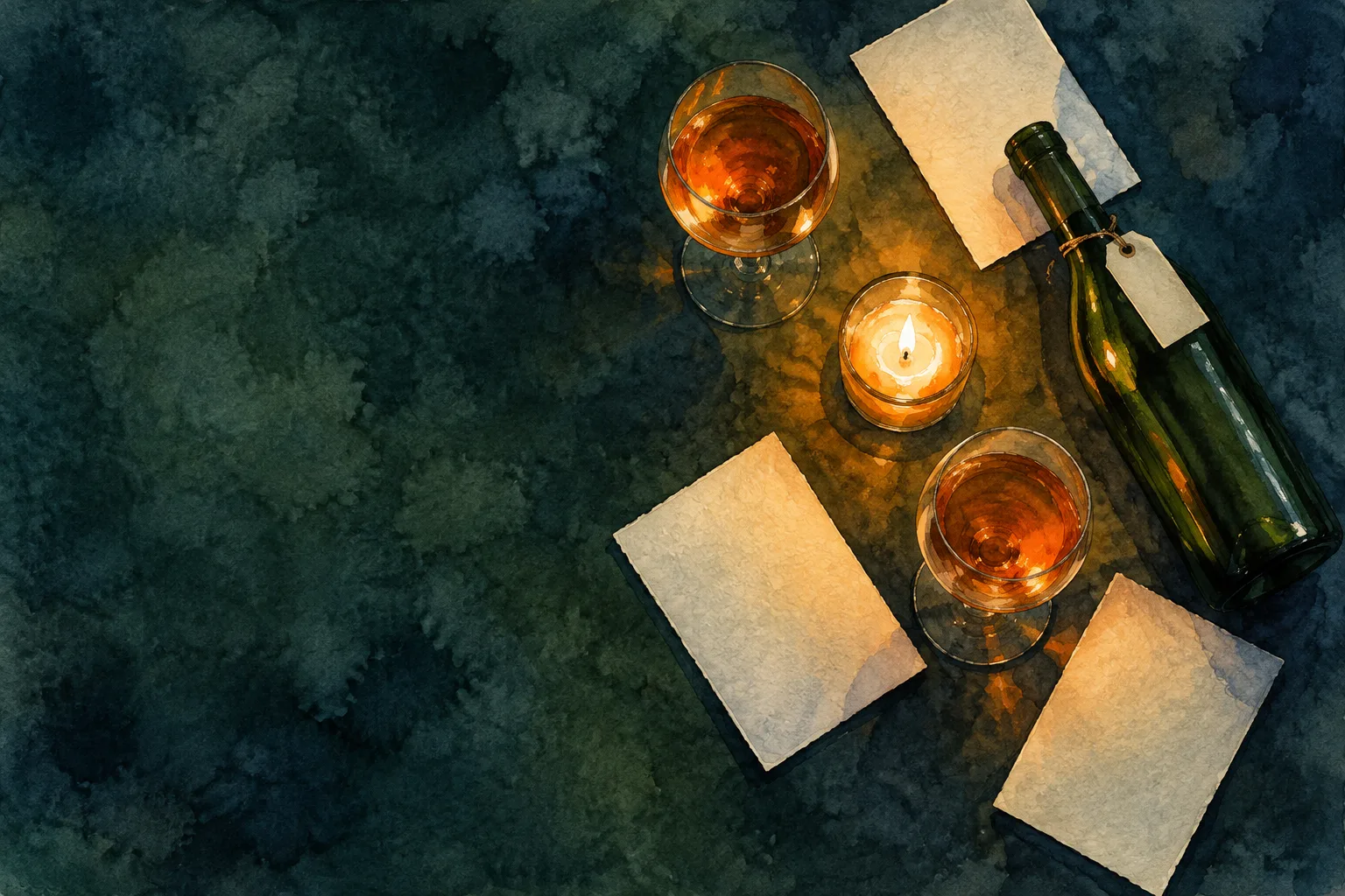 Ink and watercolour painting seen from above: a dark green tablecloth at night, a candle, two glasses of orange wine, three blank cream cards scattered at angles, and a green bottle lying on a diagonal with a blank paper tag tied to its neck.