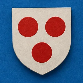 Detail: a white shield painted with three red roundels, two above and one below.
