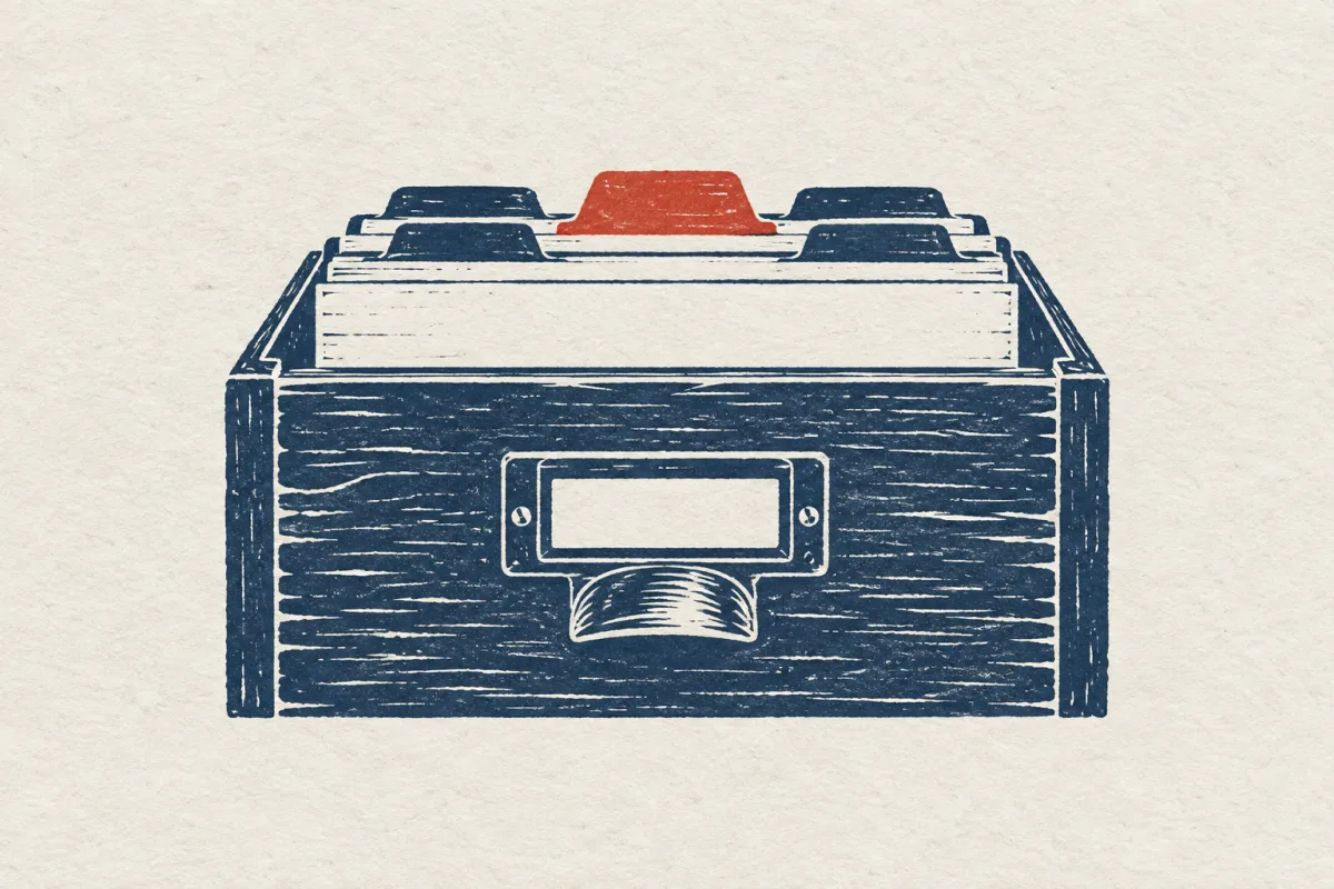 Linocut print of a slate card file drawer with one vermilion divider tab raised above the rest.