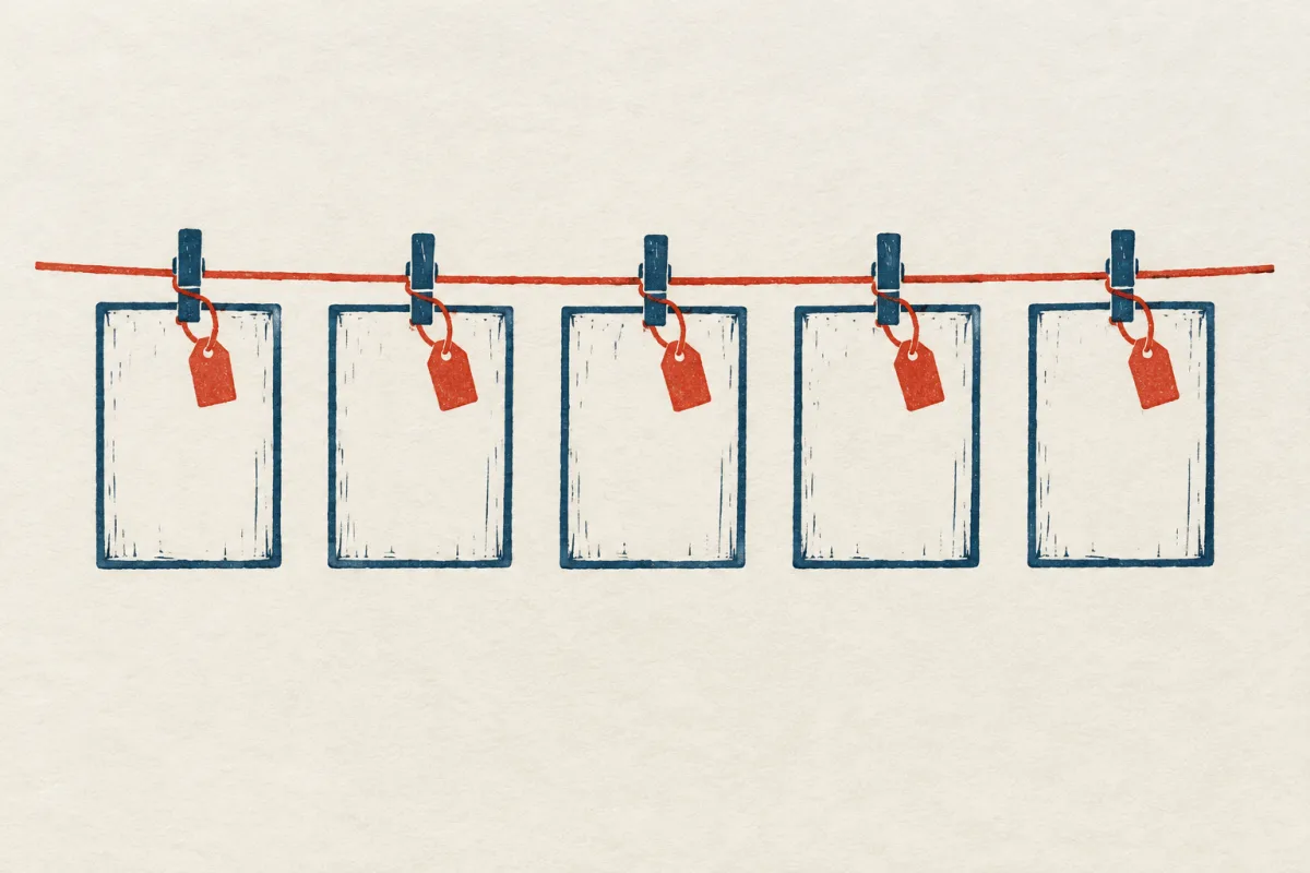 Linocut print of five blank cards clipped to a vermilion string, each with a small tag.