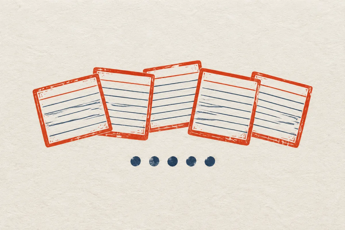 Linocut print of five loose index cards in vermilion over a row of five slate dots.