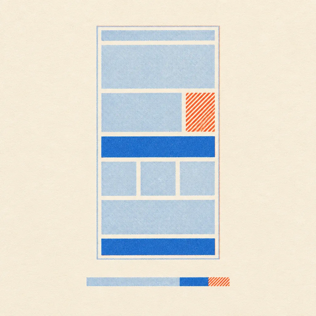 Risograph diagram of a page wireframe: most blocks a pale blue tint, two solid blue, one hatched orange-red, over a three-part bar in the same treatments.