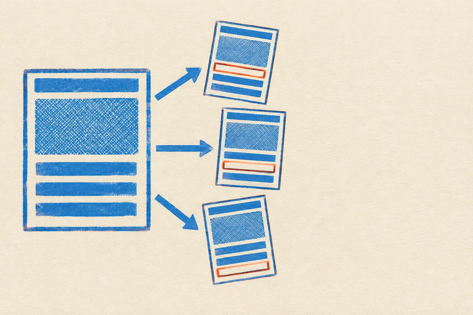 Two-colour risograph diagram: one large blue page wireframe with arrows fanning out to three smaller copies, each copy holding one block back as a hollow orange-red outline.