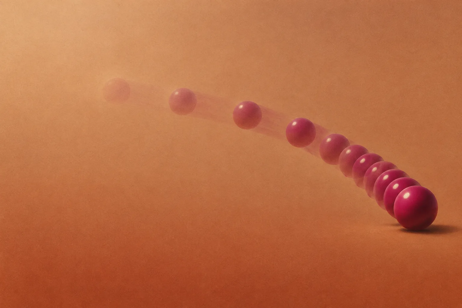 Airbrush illustration: a magenta sphere drawn as a multiple exposure along a low arc, the copies far apart and faint at the start, then bunched and solid as it settles on a warm clay field.