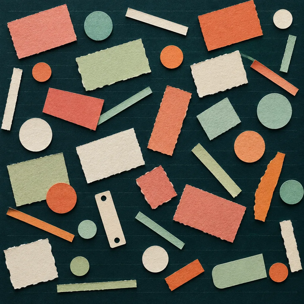 Overhead photograph of the same cut-paper kit scattered at random angles on petrol paper: corals that do not quite match, two different mints, strips cut to uneven lengths, and button shapes with different corners.