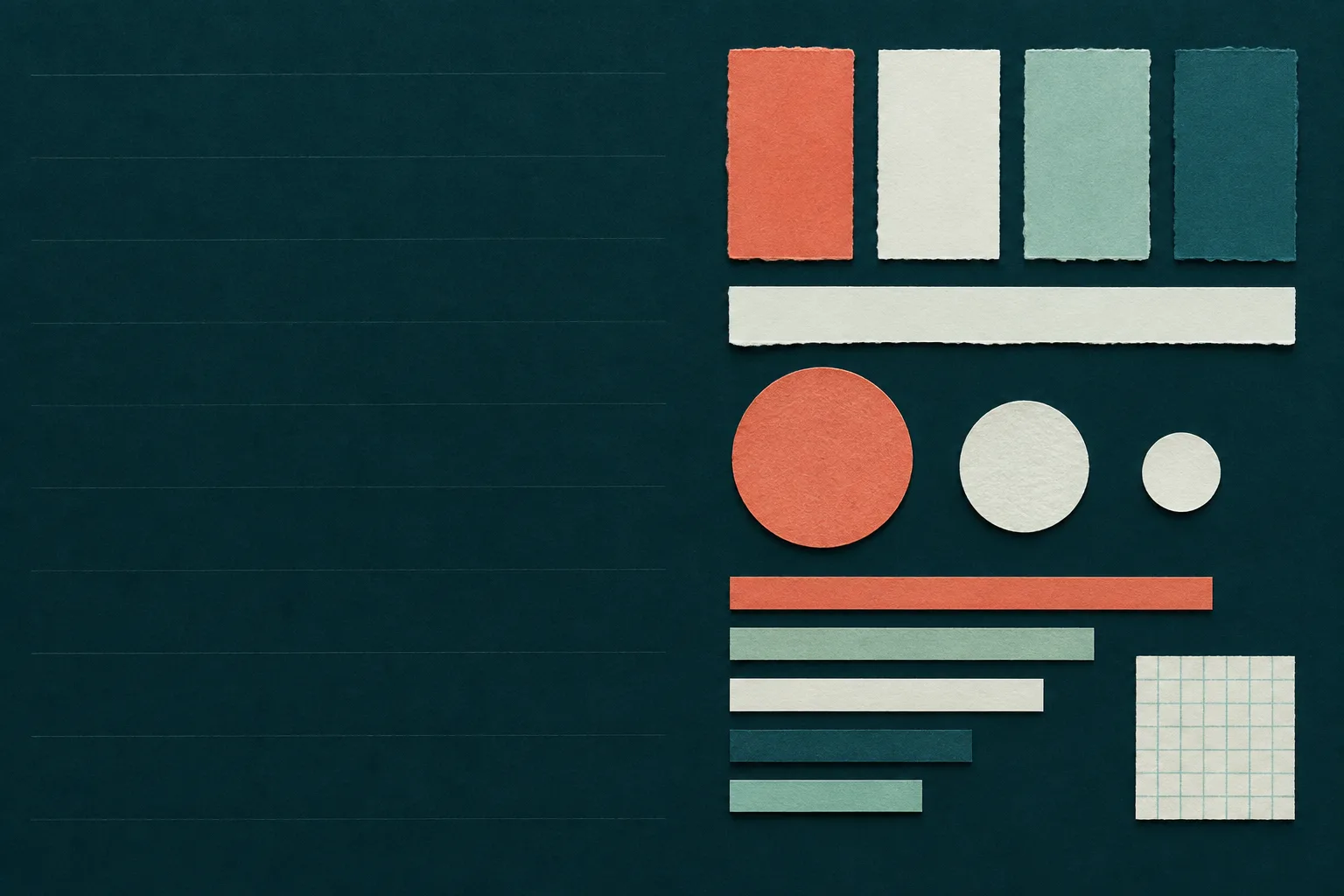 Overhead photograph of a cut-paper collage on dark petrol-teal paper. On the right, four swatch chips in coral, bone, pistachio, and teal, a long bone strip, three circles, five stacked strips of shrinking length, and a square of graph paper all sit on one strict grid; the left half is empty ruled paper.