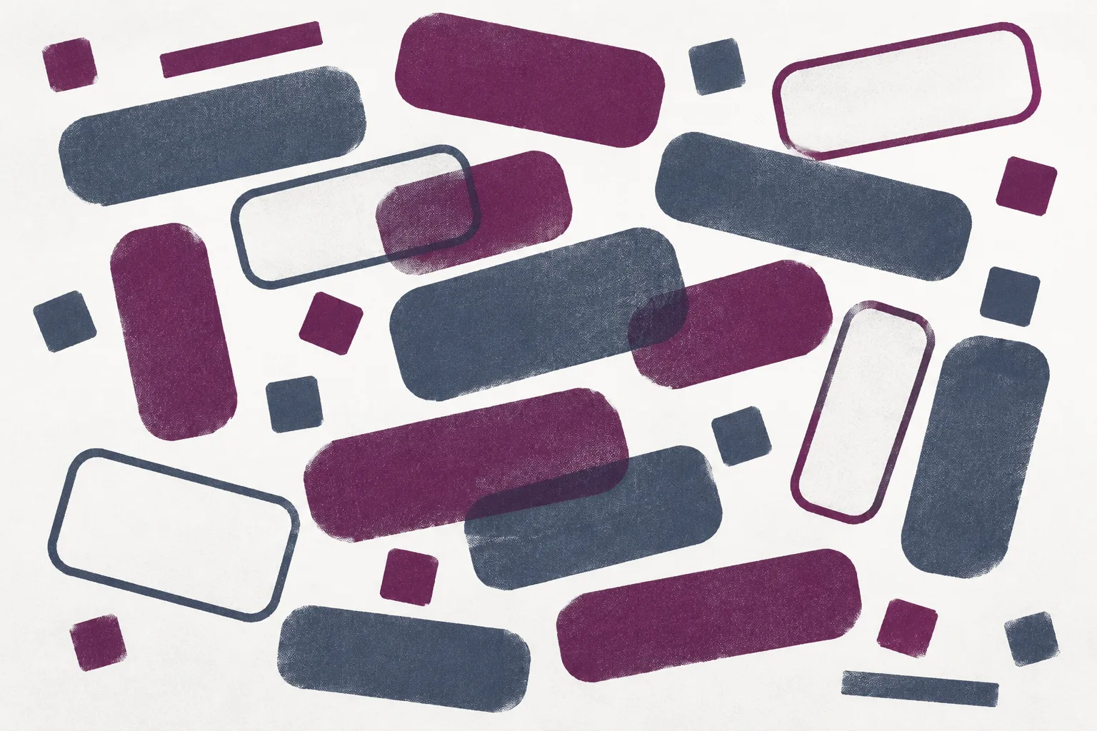 The same component sheet in disarray: plum and slate buttons of mismatched sizes and radii scattered at angles among loose colour chips.