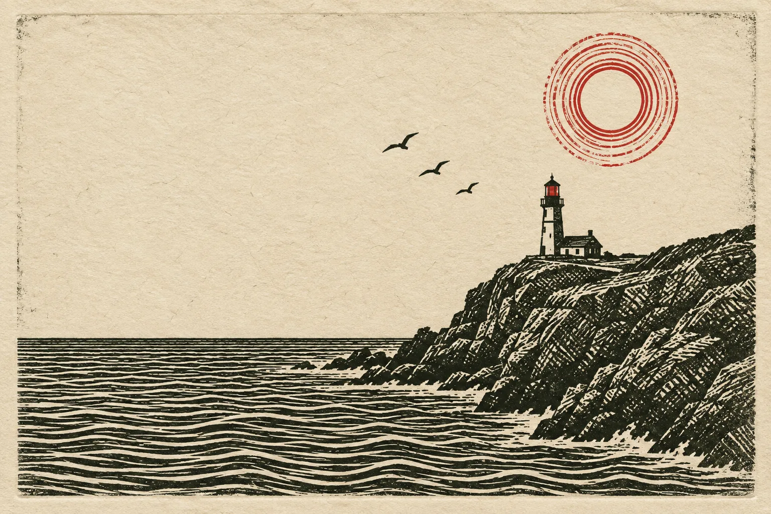 A two-colour linocut print on cream paper: a lighthouse on a hatched cliff, carved wave lines, three gulls, and a crimson ringed sun.