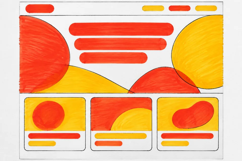 Marker comp of a loud rounded page: tomato red and marigold circles, fat rounded headline bars, three chunky cards.
