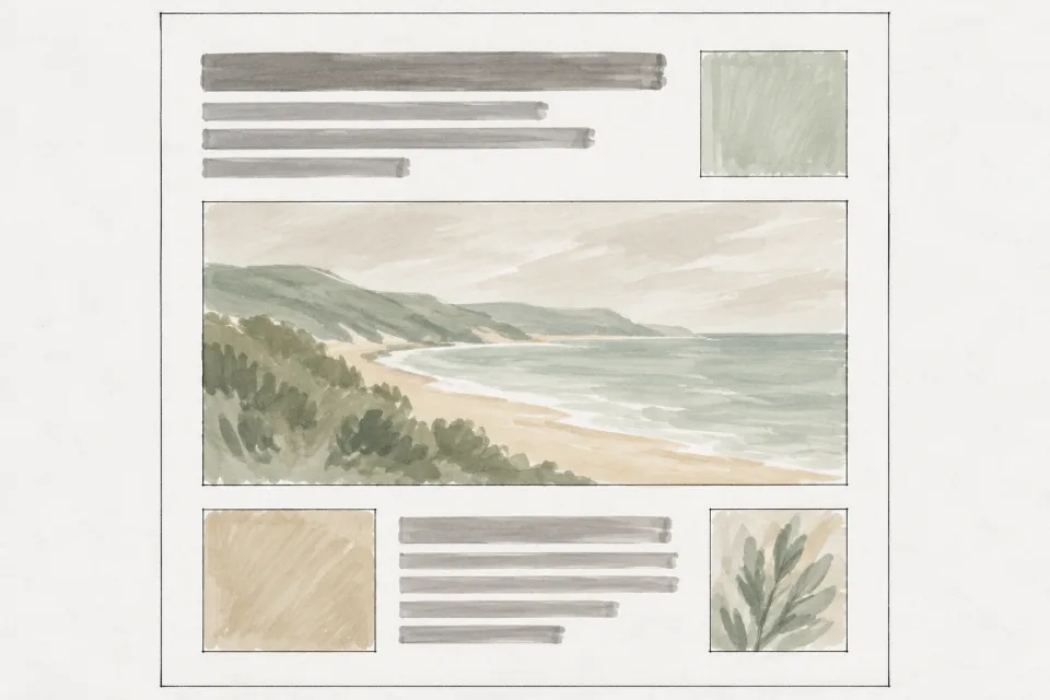 Marker comp of a quiet editorial page: grey headline bars, a sage and sand watercolour coastline, small swatch boxes.