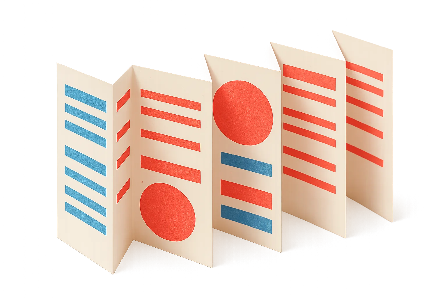 A concertina-folded paper programme printed in risograph blue and red, unfolding into six panels of stripes and circles.