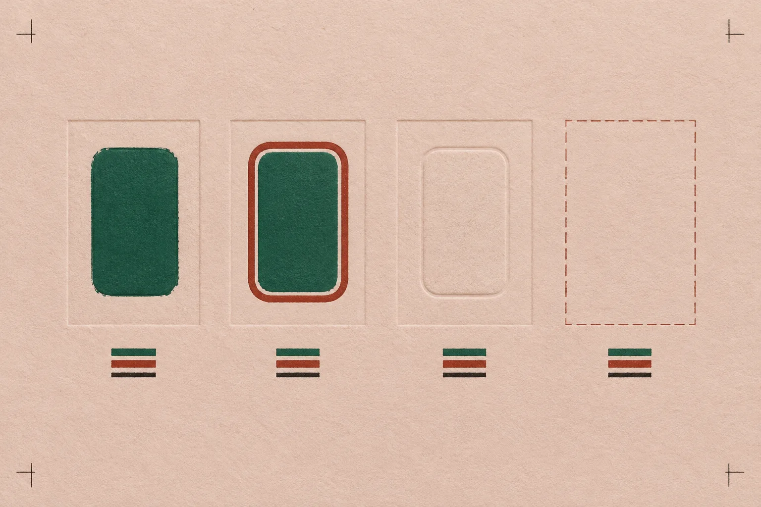 A two-colour letterpress specimen sheet on blush paper: one component printed in three states, solid green, green with a brick outline, and blind-embossed, beside a fourth slot, for hover, that is an empty dashed frame.