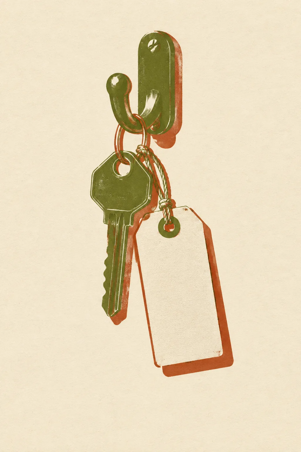 Two-ink screenprint of a house key hanging from a wall hook with a blank paper tag tied on by string.