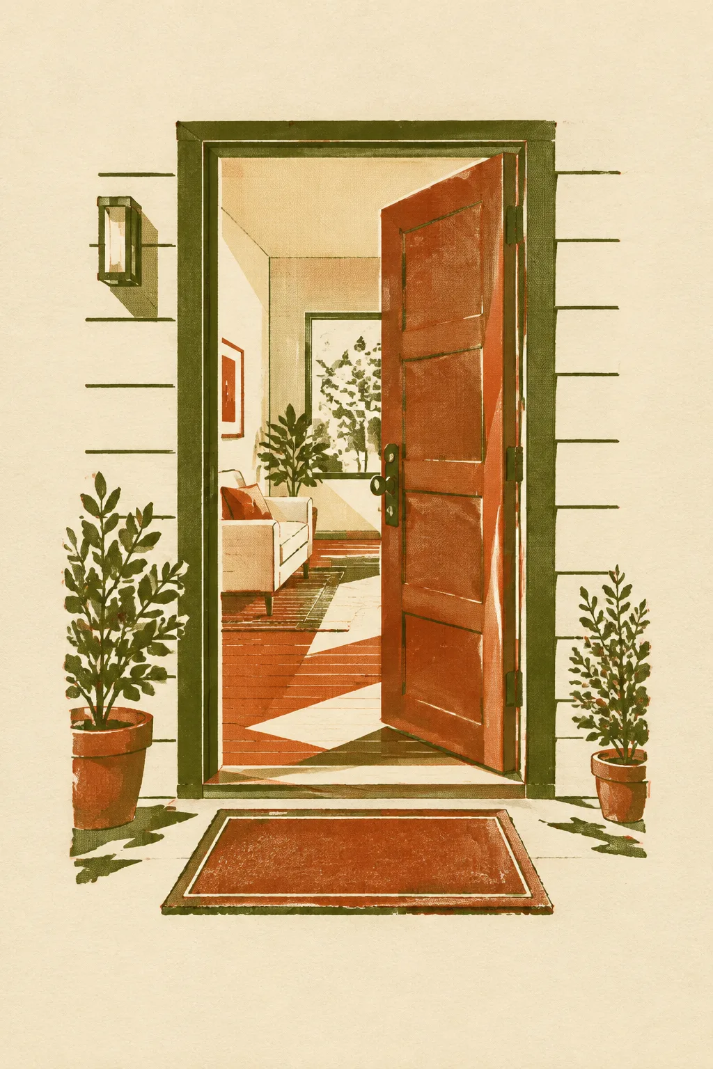 Two-ink screenprint of a house front door standing wide open over a doormat, a bright room visible inside.