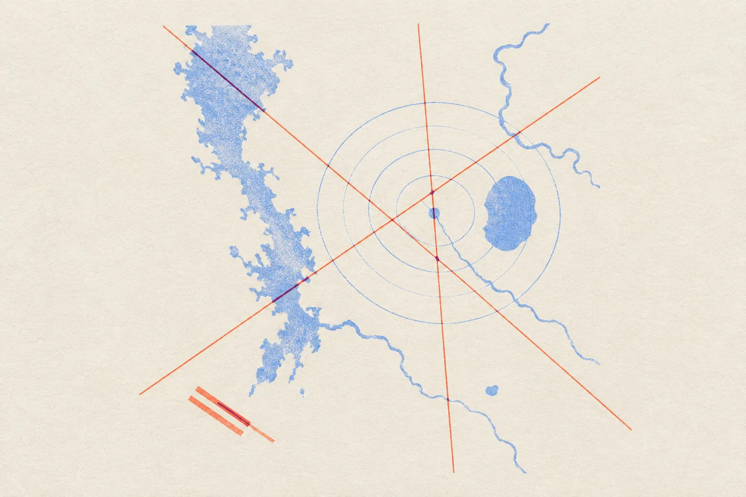 A two-colour risograph chart on cream paper: a blue coastline and lake, blue range rings around one point, and thin vermilion flight routes crossing the sheet beside two short runway bars.