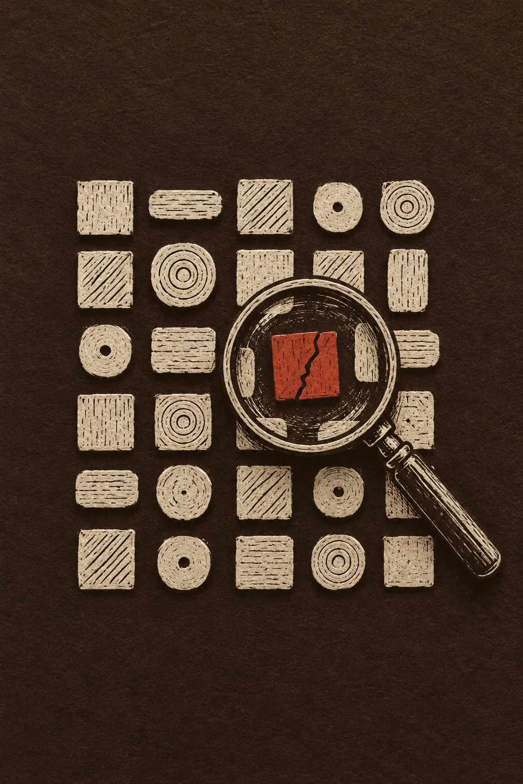 Linocut of a magnifying loupe over a grid of cream carved blocks; under the lens one cracked block is printed brick red and set crooked.