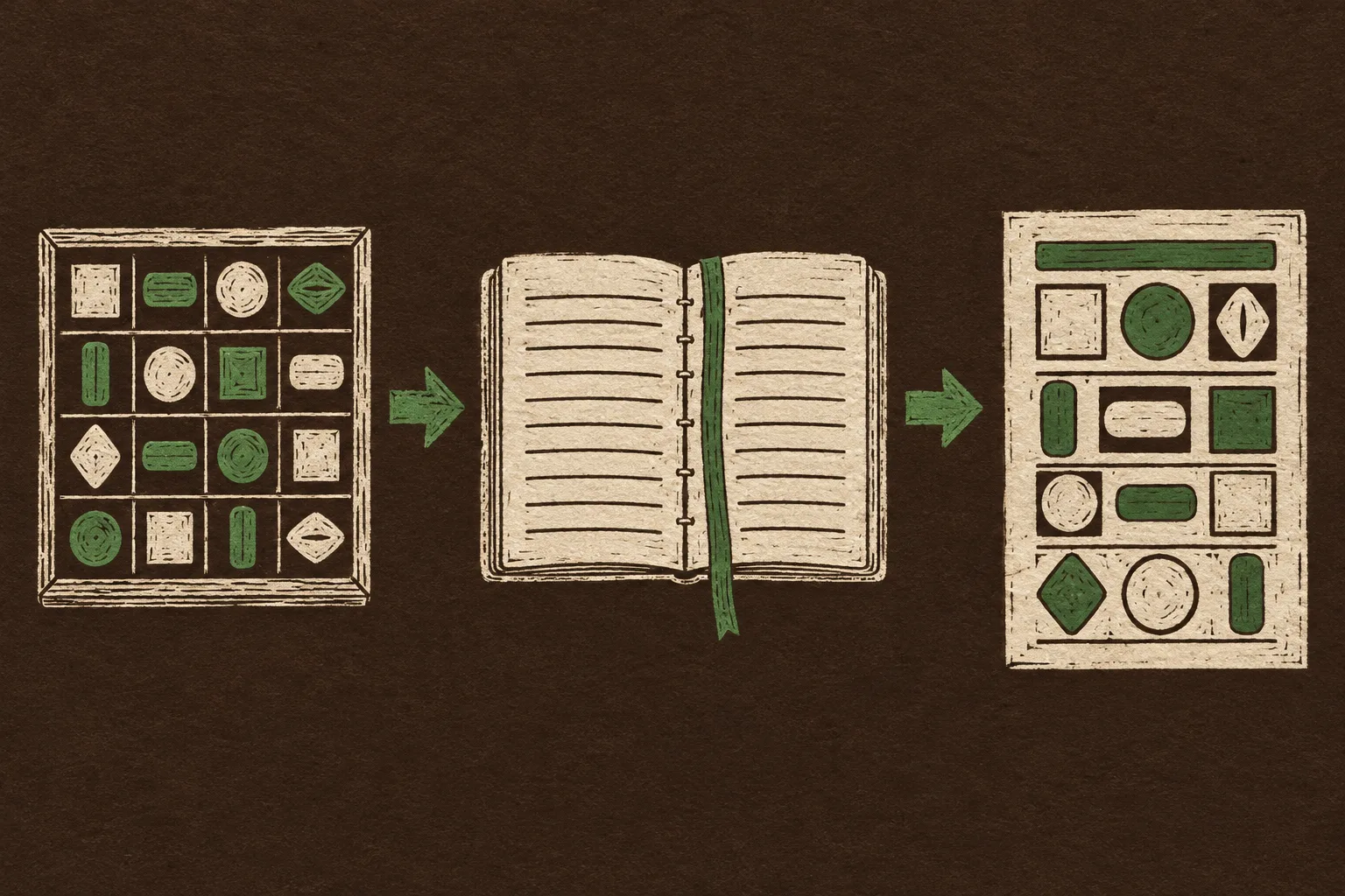 Two-colour linocut on dark brown paper: a tray of carved component blocks, an arrow to an open rule book with a green ribbon, an arrow to a finished page assembled from the same blocks.