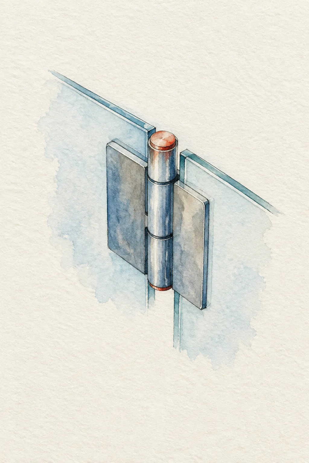 Watercolour study of a metal hinge joining two thin glass panels, the hinge pin capped in vermilion, on cream cotton paper.