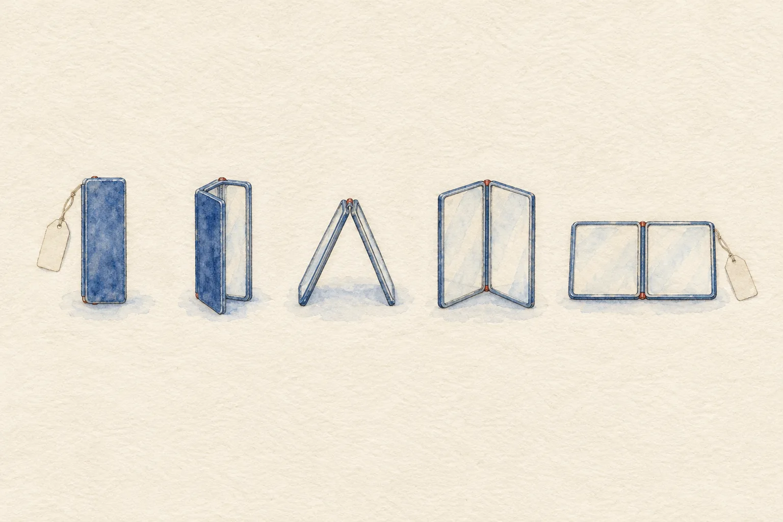 Watercolour specimen sheet of one folding device in five postures: shut, ajar, tented, open like a book, and opened flat.