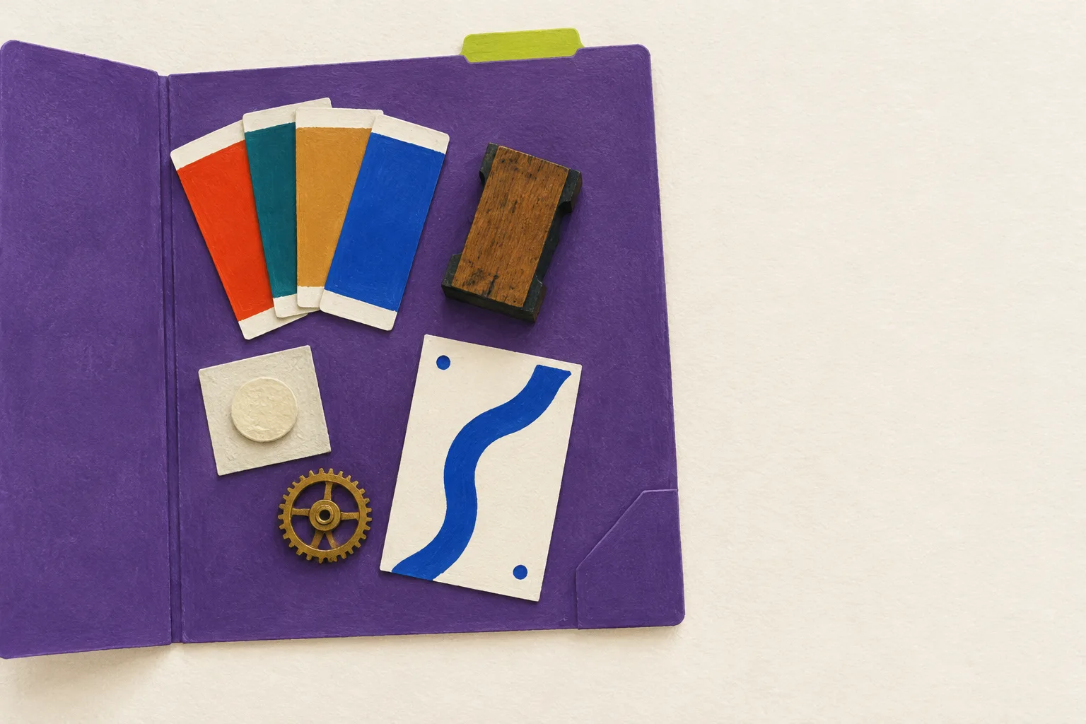 Gouache still life seen from above: an open violet folder holding paint swatch chips, a wooden type block, a button tile, a card with a drawn curve and a brass gear, with a chartreuse tab.