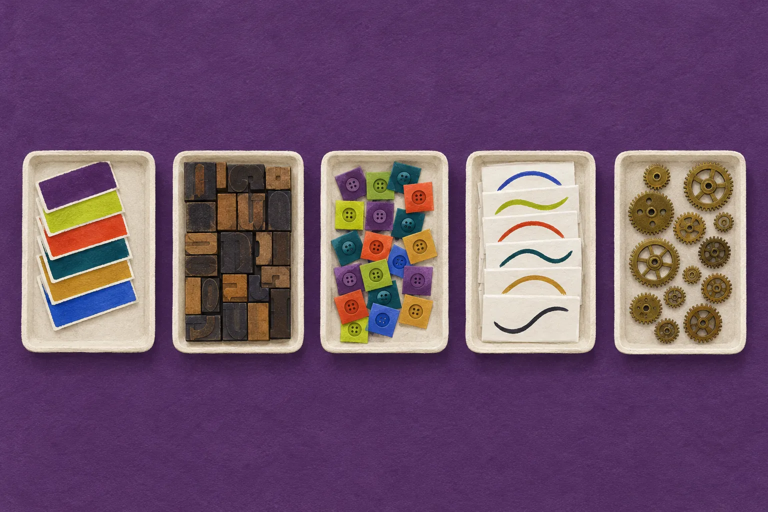 Gouache painting of five off-white trays in a row on violet, each holding one kind of object: swatches, type blocks, button tiles, curve cards, gears.