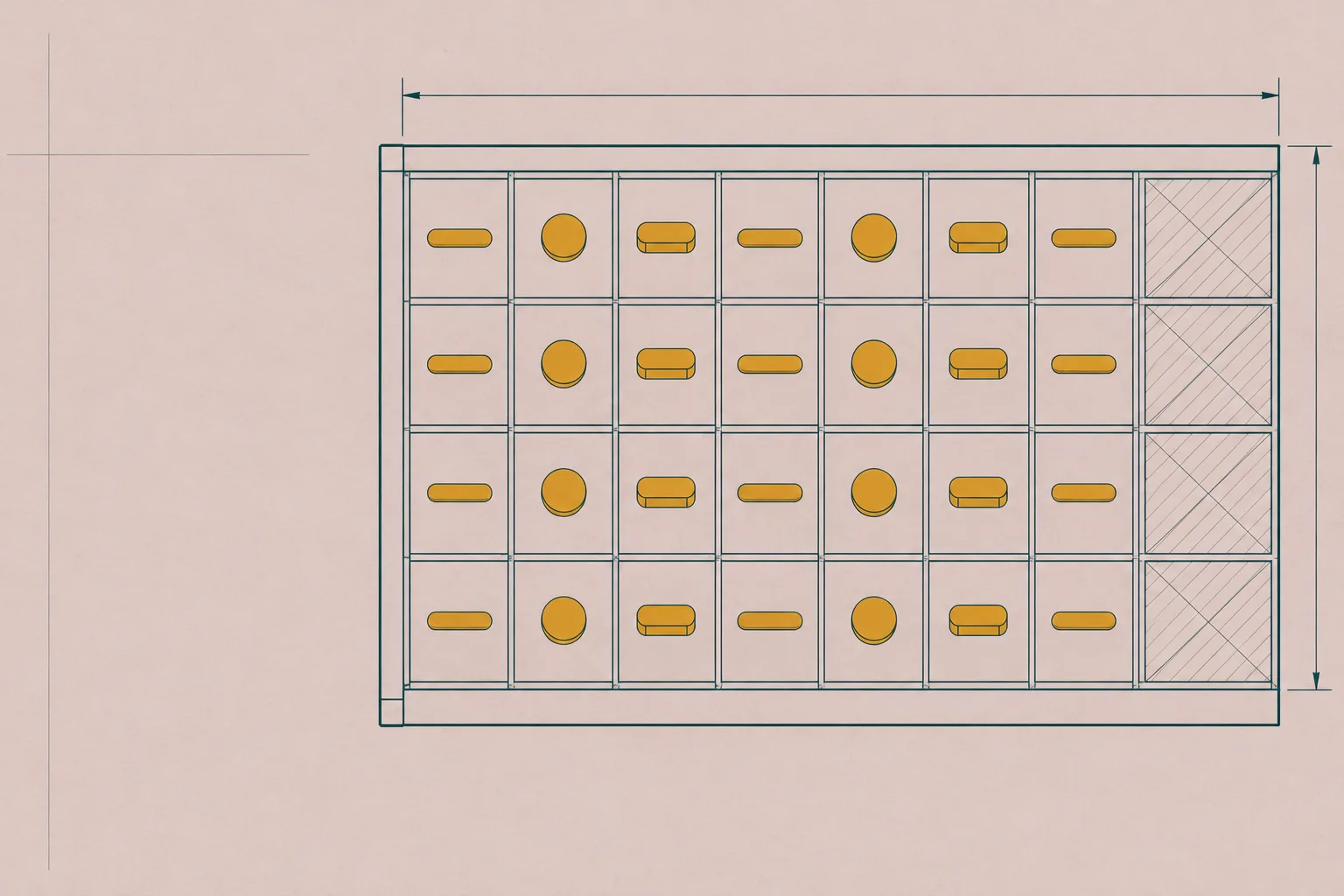 Technical drawing in deep teal ink on dusty rose paper: a shallow drawer seen from above, its square compartments each holding a small saffron object, the last column hatched empty.