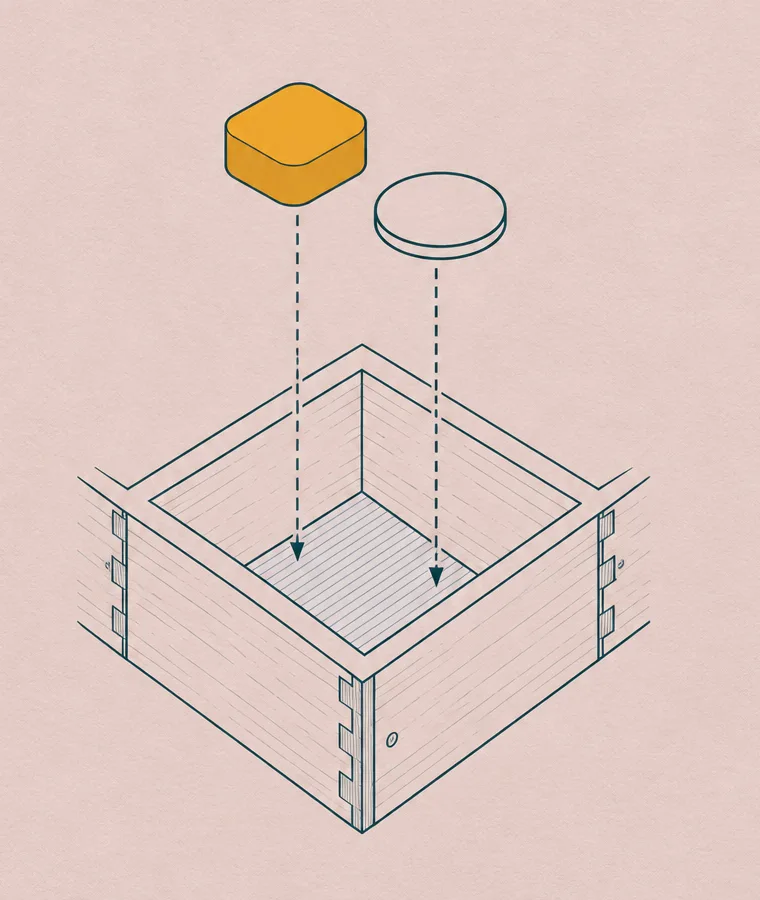Exploded drawing of one wooden compartment: a saffron block lifts out along a dashed guide while an outlined disc waits to drop into the hatched cell.