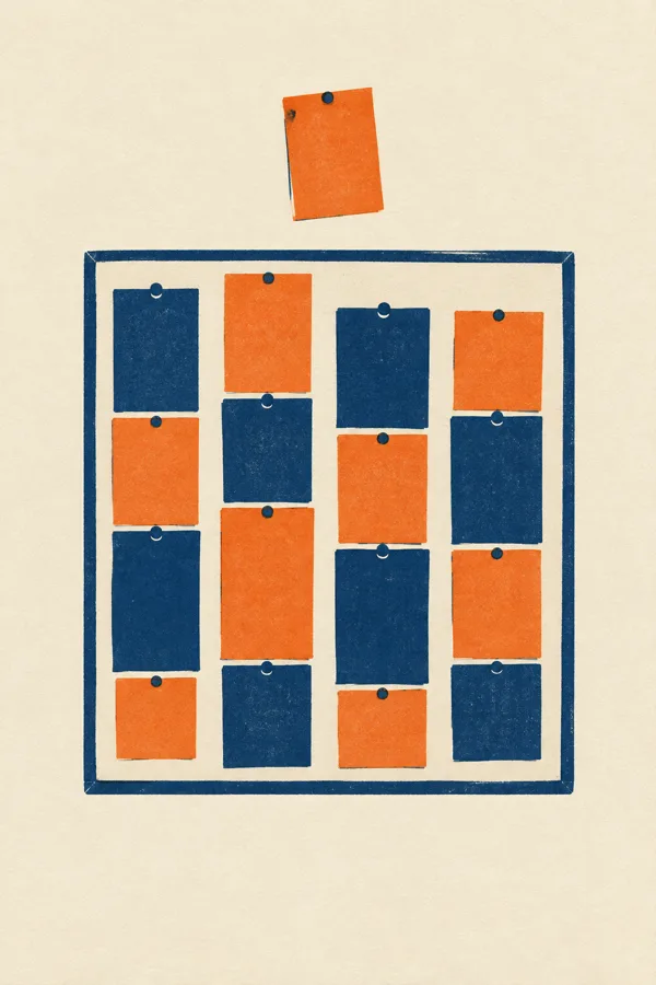 Screenprint in navy and tangerine: a pinboard of four lanes of blank cards of uneven heights, with one new tangerine card waiting above.