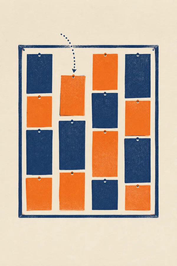 The same pinboard with a dotted arc showing the tangerine card dropping into the second lane.