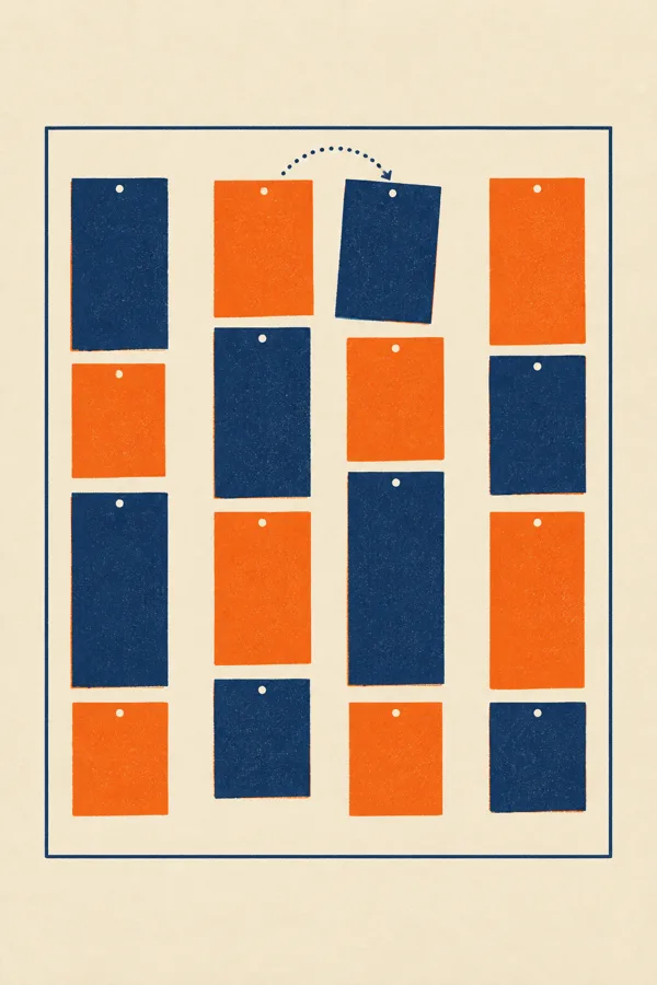 The same pinboard with a navy card arcing into the third lane, landing beside the tangerine card.