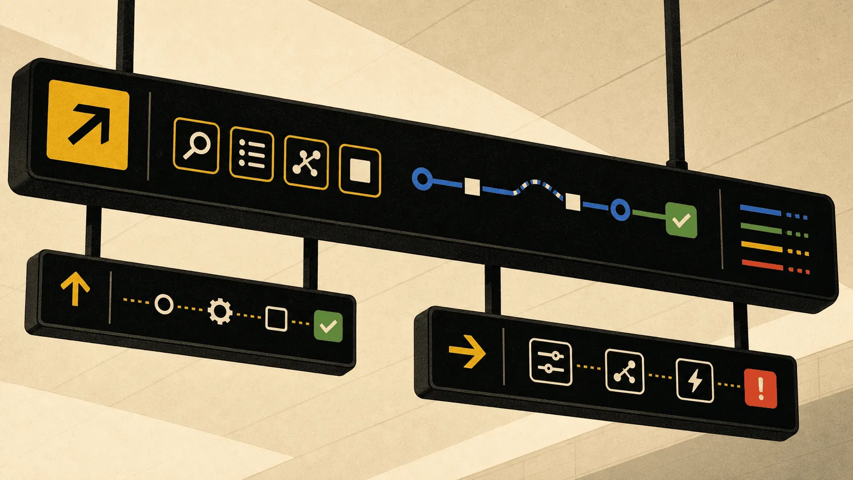 Abstract airport signage panels with yellow arrows, route lines, confirmation icons, and warning markers standing in for callable website actions.