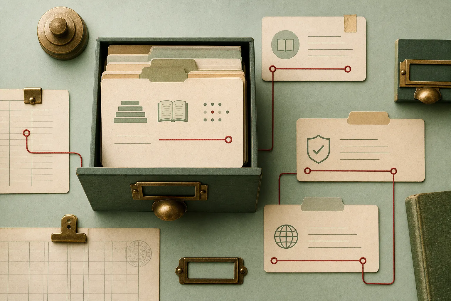A card catalog drawer, cream index cards, brass label holders, and oxblood route lines arranged as a reference-desk system for reusable browser workflows.