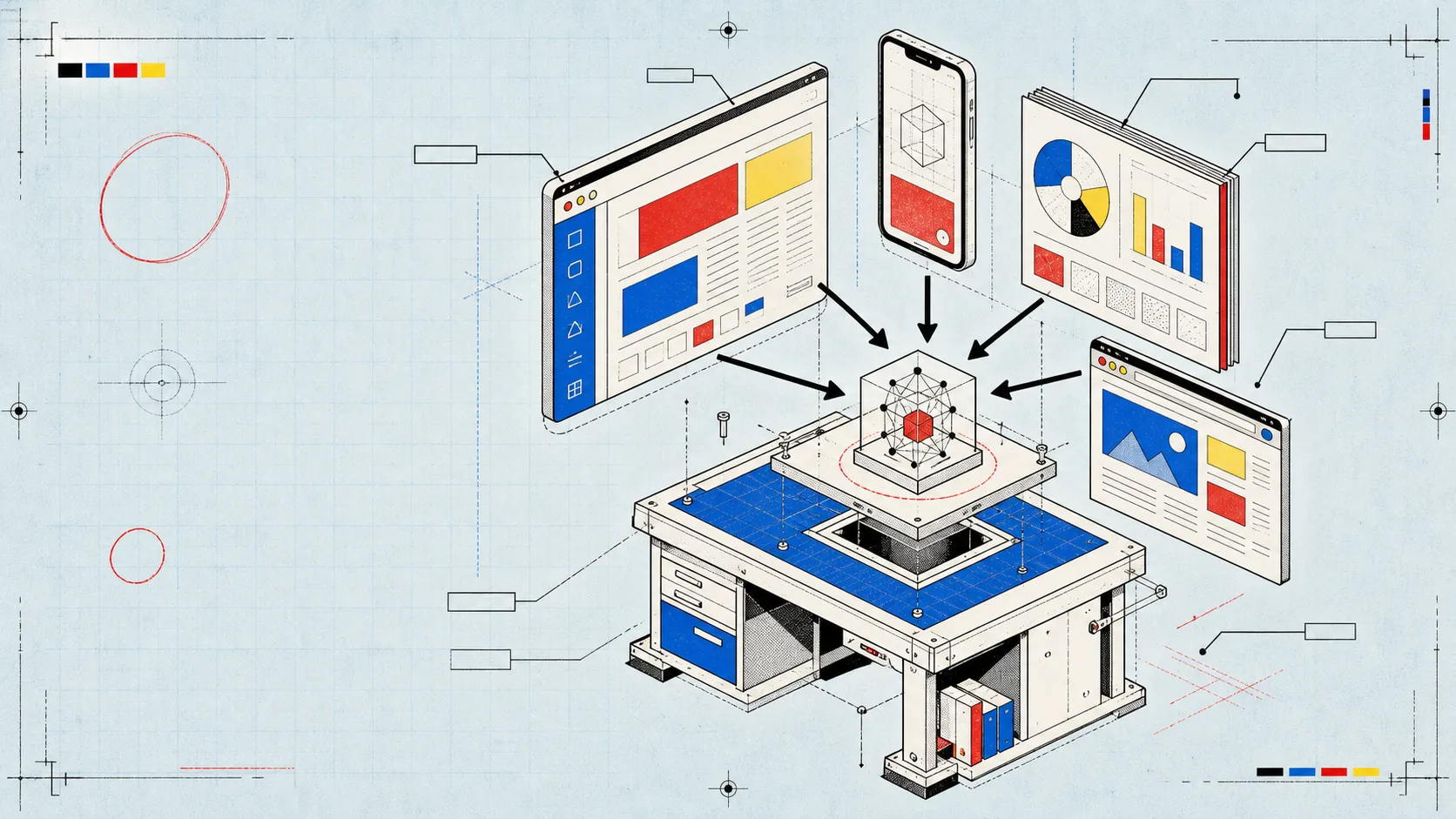 Exploded technical manual illustration of app windows, a phone preview, a slide deck, and an abstract agent core.