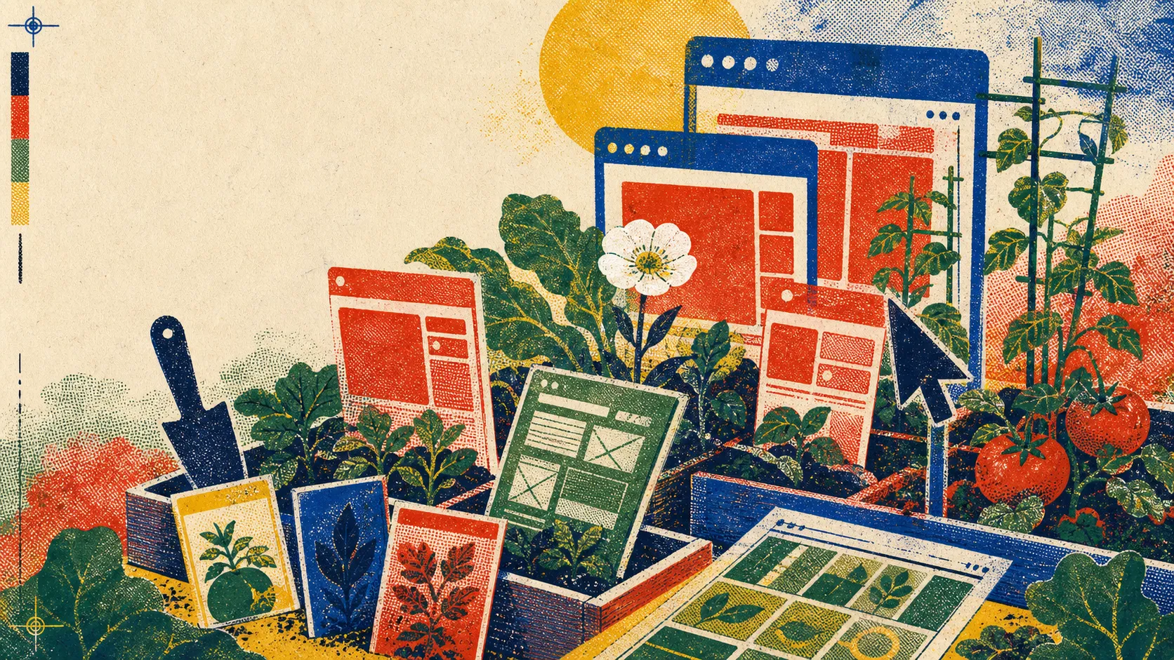 A Victory Garden Risograph poster with overprinted app windows, crop rows, seed packets, and a white remembrance flower.